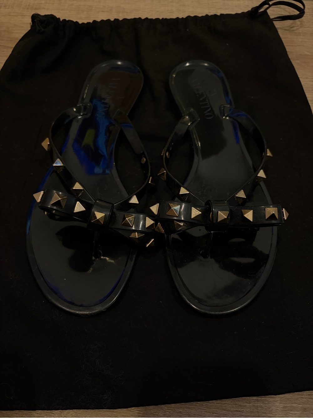Valentino Black Jelly Flip Flop Sandals with Gold Pyramid Studs